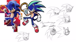 Size: 3800x2100 | Tagged: safe, artist:superguy551, sonic the hedgehog, sonic the hedgehog (2020), 2024, clenched teeth, holding something, looking at viewer, mouth open, redraw, reference inset, ring, simple background, sketch, smile, solo, white background