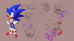 Size: 2048x1132 | Tagged: safe, artist:superguy551, sonic the hedgehog, 2023, brown background, classic sonic, classic sonic (universe), clenched fists, frown, mouth open, simple background, sketch, solo, standing, wink