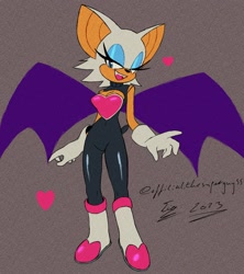 Size: 1600x1800 | Tagged: safe, artist:superguy551, rouge the bat, 2023, alternate outfit, cleavage, heart, mouth open, signature, simple background, smile, solo, standing