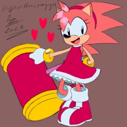 Size: 1500x1500 | Tagged: safe, artist:superguy551, amy rose, 2023, amy's halterneck dress, brown background, classic amy, classic sonic (universe), heart, holding something, mouth open, piko piko hammer, redraw, simple background, smile, solo, standing