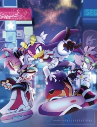 Size: 1570x2048 | Tagged: safe, amy rose, blaze the cat, wave the swallow, alternate universe, au:after riders, city, extreme gear, female, fireworks, nighttime, trio