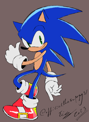 Size: 1100x1500 | Tagged: safe, artist:superguy551, sonic the hedgehog, 2023, brown background, looking at viewer, male, redraw, simple background, smile, solo