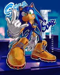 Size: 4383x5477 | Tagged: safe, artist:kornart3, sonic the hedgehog, hedgehog, alternate shoes, artist signature, boots, chain, character name, english text, male, solo, timberland (brand), watch