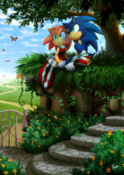Size: 827x1166 | Tagged: safe, artist:myly14, amy rose, sonic the hedgehog, hedgehog, amy's halterneck dress, amybetes, butterfly, clothes, clouds, cute, daytime, dress, duo, female, flower, gloves, headband, male, plant, shoes, smile, sonabetes, tree