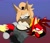 Size: 2048x1781 | Tagged: safe, artist:fartist2020, fiona fox, whisper the wolf, fox, wolf, angry, clenched teeth, cross popping vein, duo, duo female, emanata, fat, female, gradient background, looking at each other, sitting, sitting on them, smug