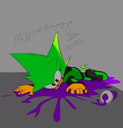 Size: 3000x3100 | Tagged: safe, artist:superguy551, oc, oc:passion the tenrec, tenrec, 2023, cup, drink, female, grey background, grimace shake, lying down, lying on front, meme, oc only, simple background, solo, spilled drink