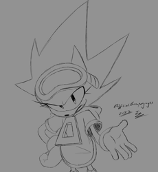 Size: 3400x3700 | Tagged: safe, artist:superguy551, oc, oc:passion the tenrec, tenrec, 2023, female, goggles, goggles on head, grey background, greyscale, looking at viewer, monochrome, mouth open, oc only, simple background, sketch, solo, standing
