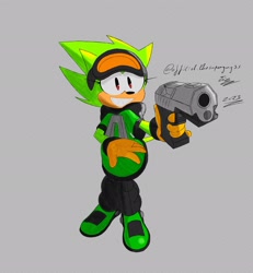 Size: 1894x2048 | Tagged: safe, artist:superguy551, oc, oc:passion the tenrec, tenrec, 2023, female, goggles, goggles on head, grey background, grin, gun, holding something, oc only, sharp teeth, simple background, smile, solo, standing, weapon