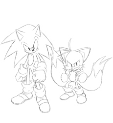 Size: 3700x4000 | Tagged: safe, artist:superguy551, miles "tails" prower, sonic the hedgehog, 2023, clenched fists, clenched teeth, duo, greyscale, looking at viewer, male, monochrome, simple background, sketch, standing, white background