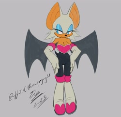 Size: 3300x3200 | Tagged: safe, artist:superguy551, rouge the bat, 2023, female, grey background, hands on hips, simple background, smile, solo, standing
