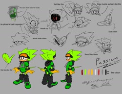 Size: 1300x1000 | Tagged: safe, artist:superguy551, oc, oc:passion the tenrec, tenrec, 2023, character name, color guide, english text, eyes closed, female, goggles, goggles on head, grey background, grin, hood, hood up, mouth open, oc only, reference sheet, sharp teeth, simple background, smile, solo, standing