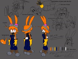 Size: 1300x1000 | Tagged: safe, artist:superguy551, oc, oc:minx the rabbit, rabbit, 2023, color palette, english text, female, goggles, goggles on head, mouth open, oc only, reference sheet, simple background, sketch, solo, standing