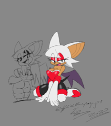Size: 1600x1800 | Tagged: safe, artist:superguy551, rouge the bat, 2023, bootyfull rouge, breasts, butt, female, grey background, mouth open, simple background, sitting, smile, solo, standing