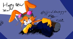 Size: 1700x900 | Tagged: safe, artist:superguy551, oc, oc:minx the rabbit, rabbit, 2023, blue background, female, looking at viewer, lying down, lying on side, mouth open, new years, oc only, simple background, smile, solo, speech bubble, white background