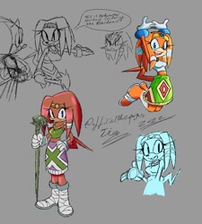 Size: 900x1000 | Tagged: safe, artist:superguy551, pachacamac, sonic the hedgehog, tikal, 2022, arms up, english text, female, grey background, holding something, looking at each other, looking at them, male, mouth open, simple background, smile, sonic the comic, speech bubble, staff, standing, trio