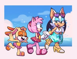 Size: 2500x1922 | Tagged: safe, artist:loulubally, amy rose, cream the rabbit, rouge the bat, bat, hedgehog, rabbit, arms out, cloud, daytime, eyes closed, female, holding something, looking at each other, mouth open, open smile, outdoors, smile, smiling at each other, trio, trio female, water