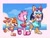 Size: 2500x1922 | Tagged: safe, artist:loulubally, amy rose, cream the rabbit, rouge the bat, bat, hedgehog, rabbit, arms out, cloud, daytime, eyes closed, female, holding something, looking at each other, mouth open, open smile, outdoors, smile, smiling at each other, trio, trio female, water