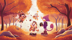 Size: 2728x1530 | Tagged: safe, artist:rechi_c, charmy bee, cheese (chao), cream the rabbit, espio the chameleon, alternate outfit, autumn, boots, coat, hat, leaves, mary-janes