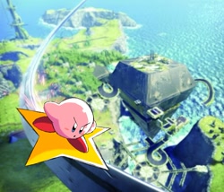 Size: 1475x1261 | Tagged: safe, artist:superguy551, sonic frontiers, 2022, barely sonic related, crossover, daytime, kirby, kirby (series), mouth open, outdoors, screenshot background, solo, standing, star (symbol)
