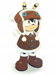 Size: 1535x2048 | Tagged: safe, artist:tokiwa757, charmy bee, bee, 2026, boots, charmabetes, clothes, cute, hat, looking offscreen, male, poncho, simple background, smile, solo, standing, ushanka hat, white background, winter outfit