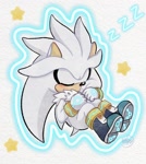 Size: 1697x1896 | Tagged: safe, artist:milordyobah, silver the hedgehog, hedgehog, 2026, blushing, boots, cute, eyes closed, gloves, grey background, male, neck fluff, outline, simple background, sleeping, solo, star (symbol), treads, zzz