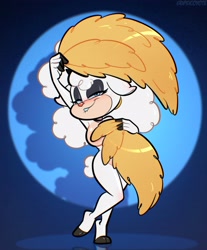 Size: 3147x3800 | Tagged: suggestive, artist:psicoyote, lanolin the sheep, sheep, bedroom eyes, blushing, covering, female, holding something, lip bite, looking at viewer, reflection, smile, smiling at viewer, solo, standing on one leg