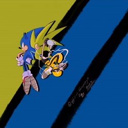 Size: 2048x2048 | Tagged: safe, artist:superguy551, sonic the hedgehog, surge the tenrec, 2022, back to back, duo, electricity, female, grin, looking at each other, looking at them, male, smile, standing