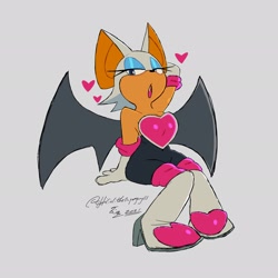 Size: 2048x2048 | Tagged: safe, artist:superguy551, rouge the bat, 2021, arm behind head, female, grey background, heart, looking at viewer, mouth open, simple background, sitting, solo