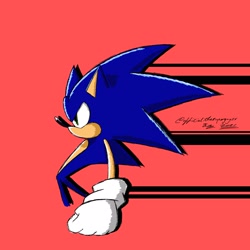 Size: 2048x2048 | Tagged: safe, artist:superguy551, sonic the hedgehog, 2021, clenched fist, from side, red background, simple background, solo, standing