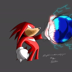 Size: 2048x2048 | Tagged: safe, artist:superguy551, knuckles the echidna, sonic the hedgehog, sonic the hedgehog 2 (2022), 2021, duo, electricity, grey background, knuckles catches sonic, meme, redraw, simple background, standing