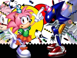 Size: 1600x1200 | Tagged: safe, artist:oneloafposting, amy rose, metal sonic, hedgehog, abstract background, classic amy, classic sonic (universe), duo, echo background, female, pointing, robot, standing on one leg