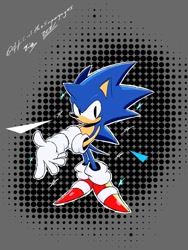 Size: 768x1024 | Tagged: safe, artist:superguy551, sonic the hedgehog, 2021, classic sonic, classic sonic (universe), grey background, hand on own arm, looking at viewer, simple background, solo, standing