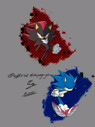 Size: 1536x2048 | Tagged: safe, artist:superguy551, shadow the hedgehog, sonic the hedgehog, 2021, duo, grey background, lidded eyes, looking at viewer, male, simple background, standing