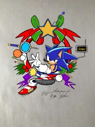 Size: 1536x2048 | Tagged: safe, artist:soop215, sonic the hedgehog, 2021, character name, grey background, looking at viewer, simple background, sitting, smile, solo, star (symbol), wreath