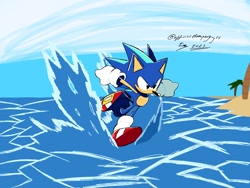 Size: 2048x1536 | Tagged: safe, artist:superguy551, sonic the hedgehog, hedgehog, 2021, arms out, classic sonic, classic sonic (universe), daytime, looking ahead, looking offscreen, male, outdoors, running, solo, splash, water