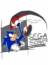 Size: 1536x2048 | Tagged: safe, artist:superguy551, sonic the hedgehog, 2021, character name, clenched fists, grin, kicking, male, simple background, smile, solo, white background