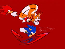 Size: 2048x1536 | Tagged: safe, artist:superguy551, knuckles the echidna, miles "tails" prower, sonic the hedgehog, 2021, classic knuckles, classic sonic, classic sonic (universe), classic tails, flying, gliding, male, mouth open, red background, running, simple background, smile, trio