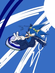 Size: 1536x2048 | Tagged: safe, artist:superguy551, sonic the hedgehog, hedgehog, 2021, abstract background, arms out, blue background, extreme gear, grin, male, riders outfit, riders style, smile, solo, sonic riders, standing, style emulation