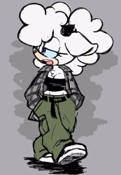 Size: 1104x1600 | Tagged: safe, artist:john g arts, lanolin the sheep, sheep, alternate outfit, belt, cargo pants, converse, crop top, female, flannel shirt, grey background, hands in pocket, lidded eyes, looking offscreen, mouth open, sneakers, solo, walking
