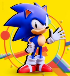 Size: 1331x1439 | Tagged: safe, artist:flyshyva, sonic the hedgehog, hedgehog, sonic mania, 2026, 3d, abstract background, classic sonic, classic sonic (universe), hand on hip, looking at viewer, male, redraw, smile, smiling at viewer, solo, waving, waving at viewer