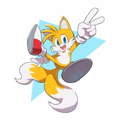 Size: 2048x2048 | Tagged: safe, artist:surprise128341, miles "tails" prower, fox, 2026, abstract background, falling, looking at viewer, male, mid-air, mouth open, open smile, smiling at viewer, solo, spread legs, treads, v sign