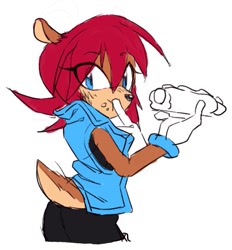 Size: 951x1024 | Tagged: safe, artist:natsublue01, sally acorn, chipmunk, 2026, chili dog, clothes, crumbs, eating, eye clipping through hair, eyebrow clipping through hair, eyelashes, female, flat colors, food, gilet, holding something, looking at viewer, redesign, signature, simple background, solo, standing, tank top, white background