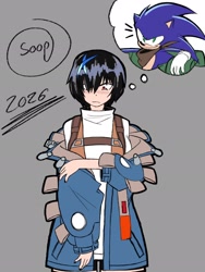 Size: 1536x2048 | Tagged: safe, artist:superguy551, sonic the hedgehog, human, 2026, blushing, crossover, crossover shipping, duo, female, grey background, guilty gear, male, shipping, simple background, sonic boom (tv), standing, straight, thought bubble, unika (guilty gear)