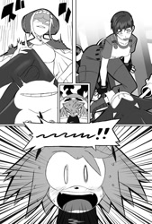 Size: 1015x1500 | Tagged: suggestive, artist:superguy551, amy rose, sonic the hedgehog, comic:you're gonna wanna take a seat for this one, 2026, blushing, character request, comic, crossover, crossover shipping, female, greyscale, group, hands on own head, looking at them, male, monochrome, mouth open, shipping, sitting on them, straight, sweat