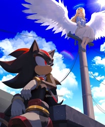 Size: 1708x2048 | Tagged: safe, artist:brushteethjaxx, maria robotnik, shadow the hedgehog, human, 2026, angel, angel wings, clouds, daytime, duo, female, halo, looking at each other, looking at them, male, maria x shadow, outdoors, shipping, sitting, straight, wings