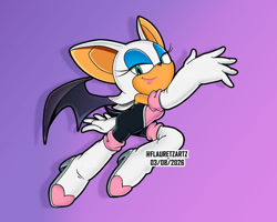 Size: 1000x800 | Tagged: safe, artist:flauretzartz, rouge the bat, 2026, female, gradient background, looking at viewer, purple background, simple background, smile, solo, style emulation, uekawa style