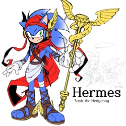 Size: 1200x1200 | Tagged: safe, artist:_gott0008, shadow the hedgehog, sonic the hedgehog, 2026, character name, cosplay, duo, hermes, holding something, male, sandals, simple background, smile, solo focus, staff, standing, white background