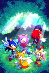 Size: 796x1200 | Tagged: safe, artist:adriwindgb, amy rose, cheese (chao), cream the rabbit, knuckles the echidna, miles "tails" prower, sonic the hedgehog, chao, 2026, daytime, female, grass, grin, group, male, mouth open, neutral chao, outdoors, standing, v sign