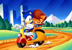 Size: 2048x1424 | Tagged: safe, artist:jadepesky, sally acorn, sonic the hedgehog, chipmunk, hedgehog, 2026, building, city, classic sally, classic sonic, classic style, daytime, duo, eyes closed, female, forest, hugging, hugging from behind, looking at them, male, motorcycle, mountain, outdoors, riding, road, sally x sonic, sally's vest and boots, scooter, shipping, skyscraper, smile, smiling at them, sonic satam, straight, tree, vehicle