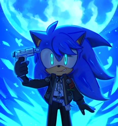 Size: 2800x3000 | Tagged: safe, artist:corroxion, sonic the hedgehog, 2026, armband, black gloves, cosplay, gun, headphones, holding something, jacket, looking at viewer, male, moon, pants, persona (series), school uniform, shirt, smile, solo, standing